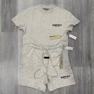 ”the shorts out of stock “Fear of God Essential Light Oatmeal Tee and short sets
